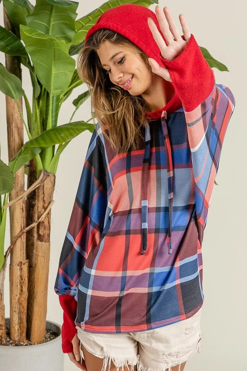 BiBi Plaid Mirr Brushed Rib Contrast Thumb Open Hoodie - Bitsy Gypsy Boutique