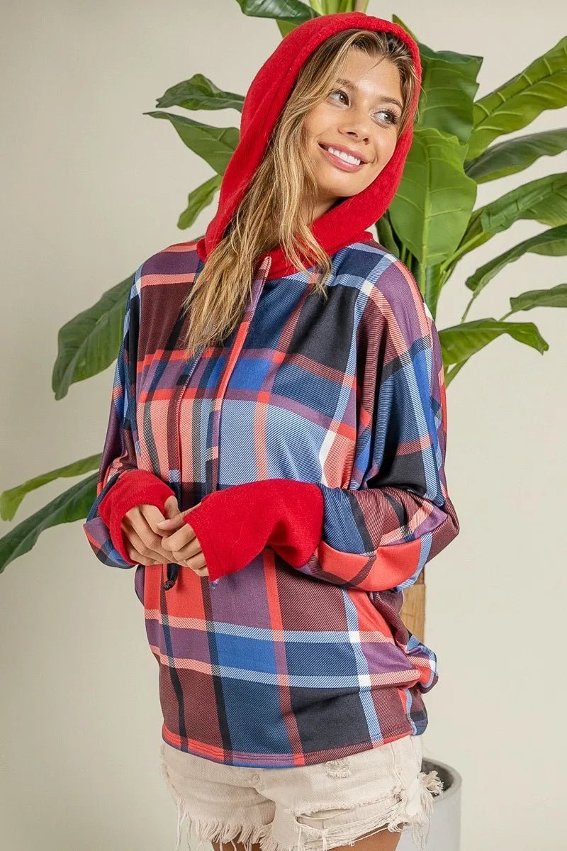 BiBi Plaid Mirr Brushed Rib Contrast Thumb Open Hoodie - Bitsy Gypsy Boutique
