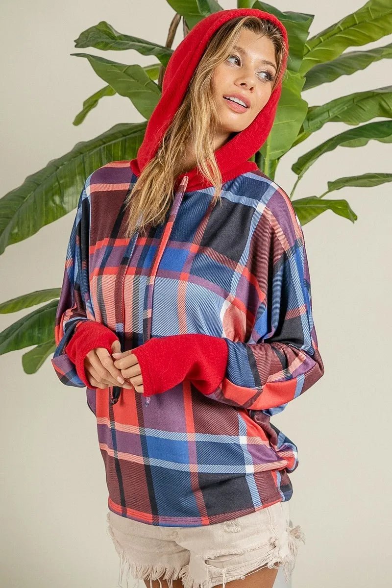 BiBi Plaid Mirr Brushed Rib Contrast Thumb Open Hoodie - Bitsy Gypsy Boutique