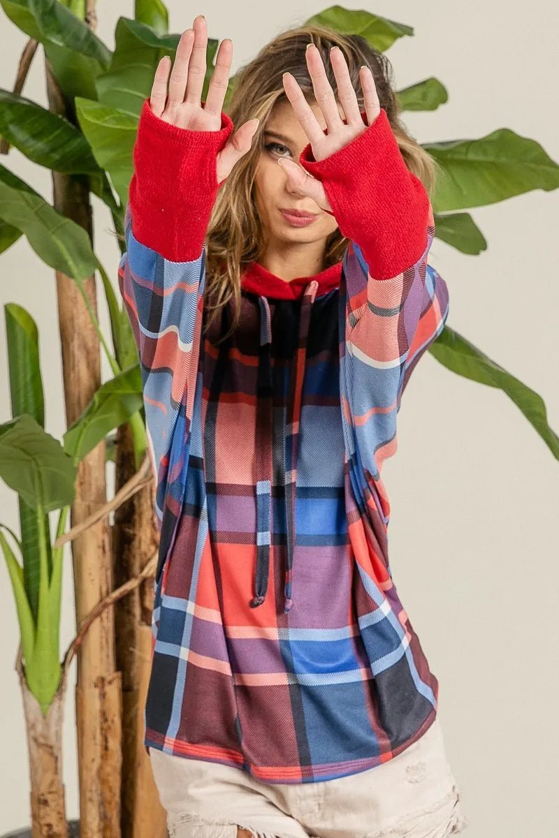 BiBi Plaid Mirr Brushed Rib Contrast Thumb Open Hoodie - Bitsy Gypsy Boutique