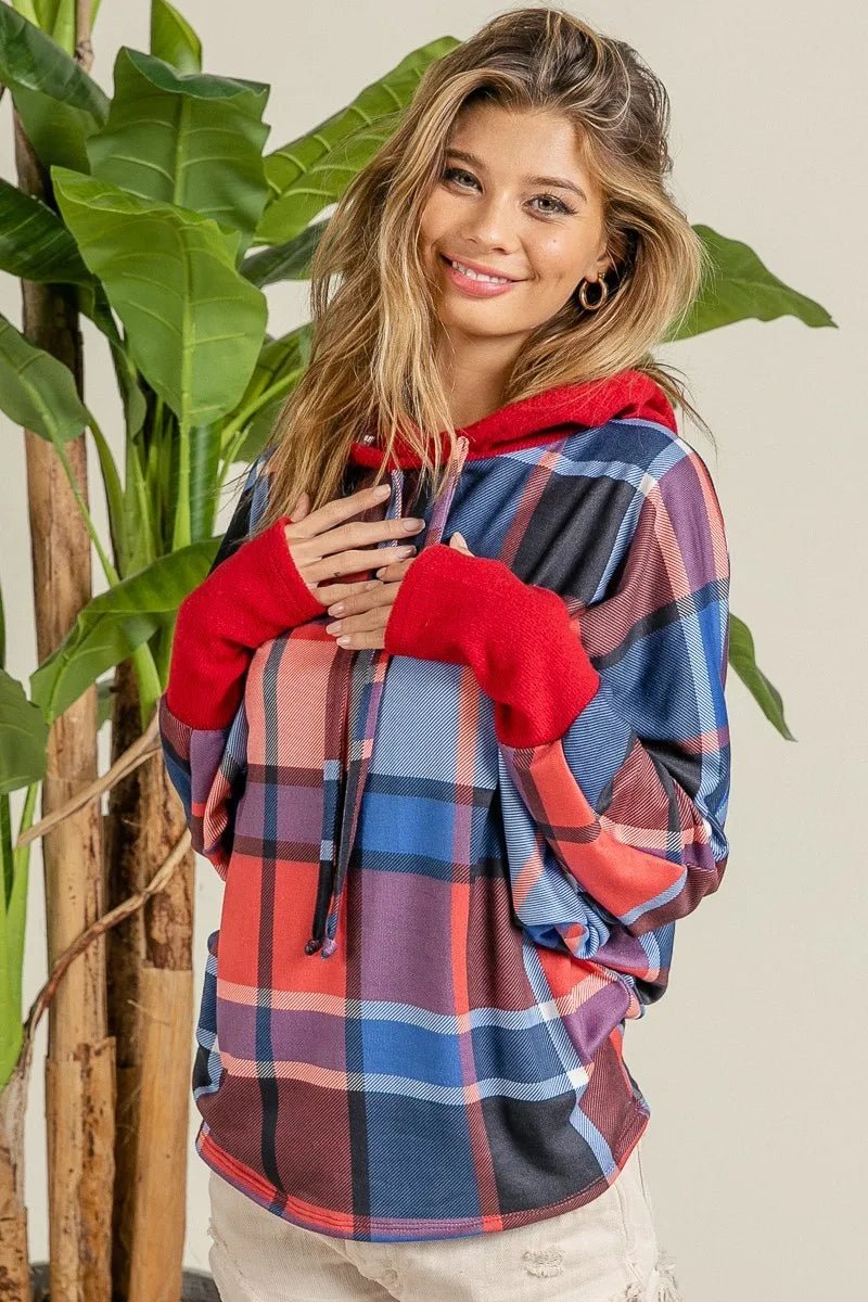 BiBi Plaid Mirr Brushed Rib Contrast Thumb Open Hoodie - Bitsy Gypsy Boutique