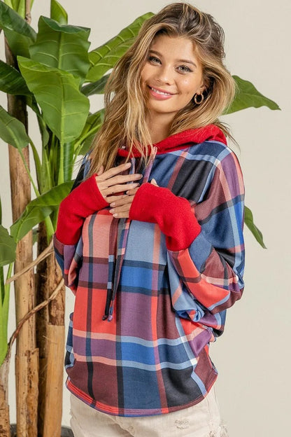 BiBi Plaid Mirr Brushed Rib Contrast Thumb Open Hoodie - Bitsy Gypsy Boutique
