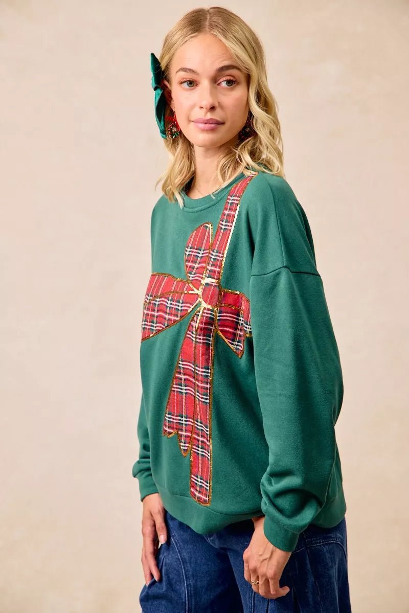 BiBi Plaid Ribbon Bow Detail Christmas Fleece Pullover - Bitsy Gypsy Boutique