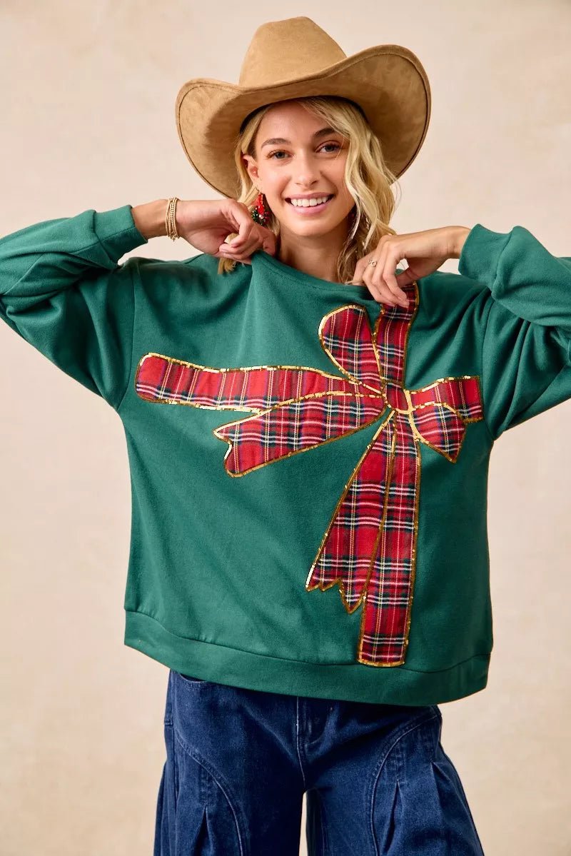 BiBi Plaid Ribbon Bow Detail Christmas Fleece Pullover - Bitsy Gypsy Boutique