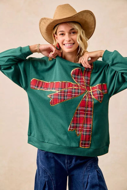 BiBi Plaid Ribbon Bow Detail Christmas Fleece Pullover - Bitsy Gypsy Boutique