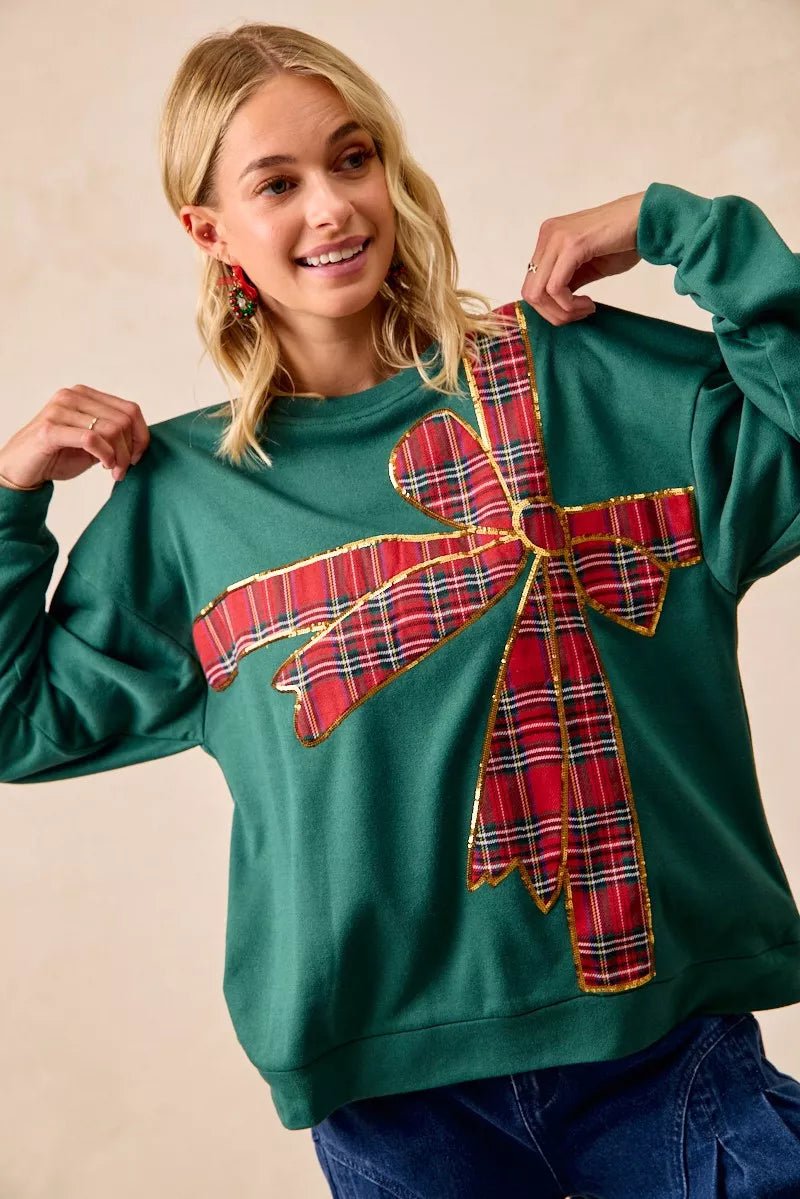 BiBi Plaid Ribbon Bow Detail Christmas Fleece Pullover - Bitsy Gypsy Boutique