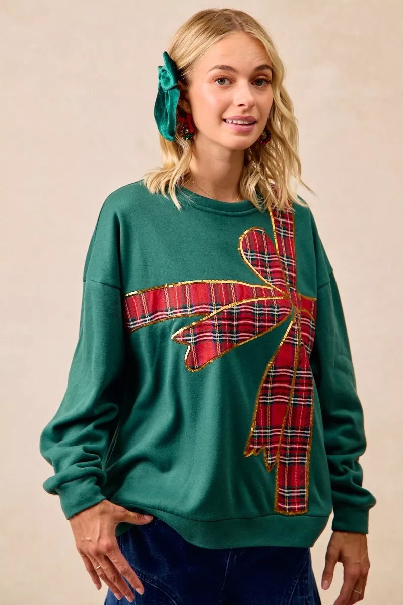 BiBi Plaid Ribbon Bow Detail Christmas Fleece Pullover - Bitsy Gypsy Boutique