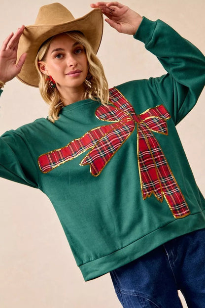 BiBi Plaid Ribbon Bow Detail Christmas Fleece Pullover - Bitsy Gypsy Boutique
