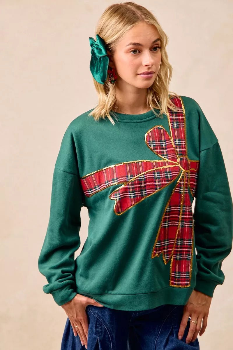 BiBi Plaid Ribbon Bow Detail Christmas Fleece Pullover - Bitsy Gypsy Boutique
