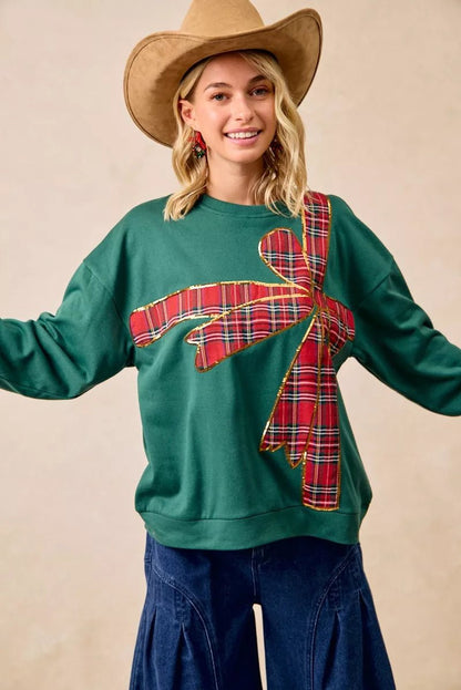 BiBi Plaid Ribbon Bow Detail Christmas Fleece Pullover - Bitsy Gypsy Boutique