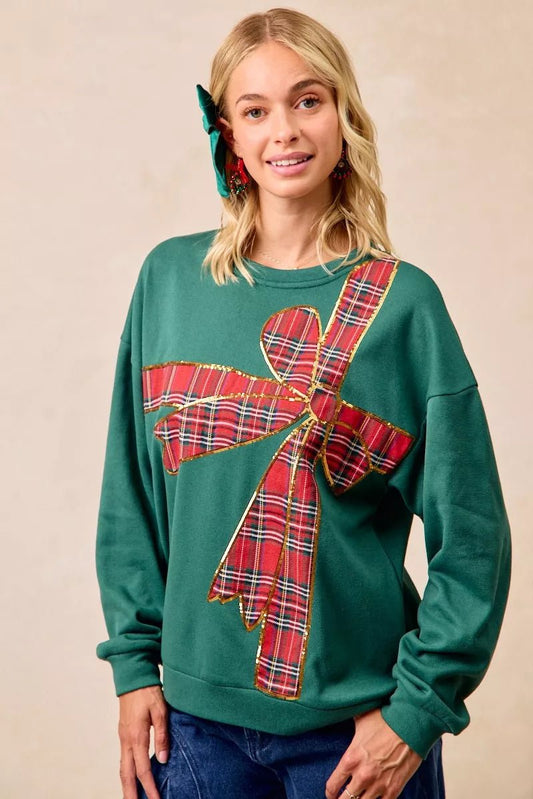 BiBi Plaid Ribbon Bow Detail Christmas Fleece Pullover - Bitsy Gypsy Boutique