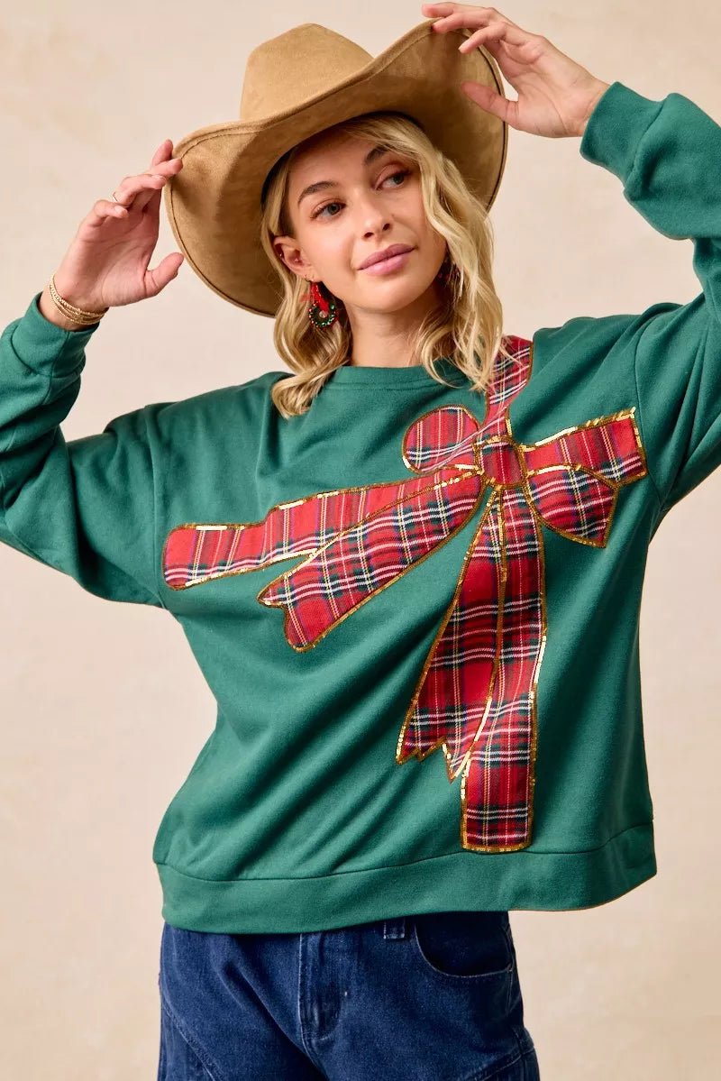 BiBi Plaid Ribbon Bow Detail Christmas Fleece Pullover - Bitsy Gypsy Boutique