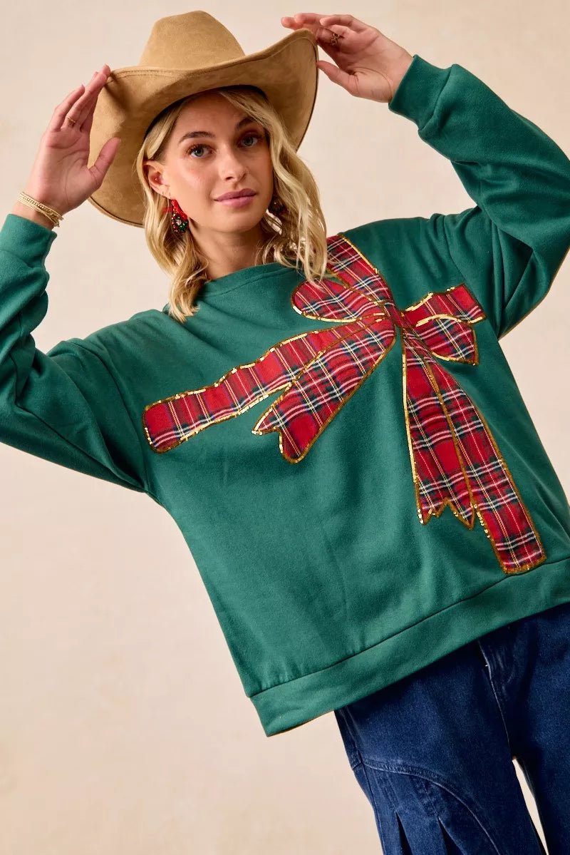 BiBi Plaid Ribbon Bow Detail Christmas Fleece Pullover - Bitsy Gypsy Boutique