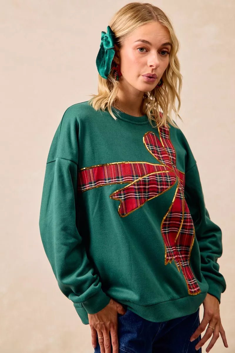 BiBi Plaid Ribbon Bow Detail Christmas Fleece Pullover - Bitsy Gypsy Boutique