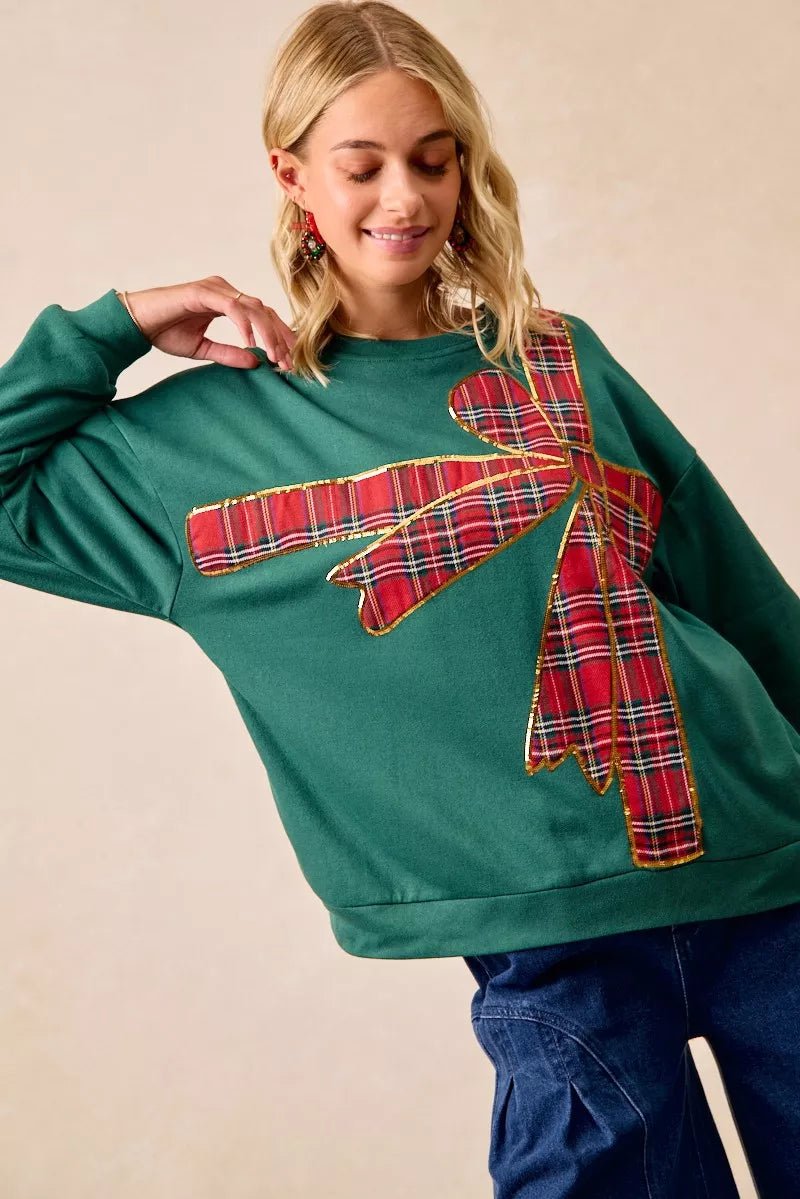 BiBi Plaid Ribbon Bow Detail Christmas Fleece Pullover - Bitsy Gypsy Boutique