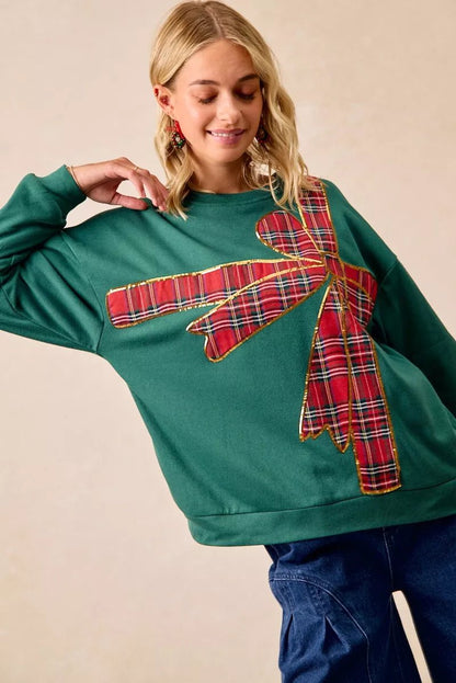 BiBi Plaid Ribbon Bow Detail Christmas Fleece Pullover - Bitsy Gypsy Boutique