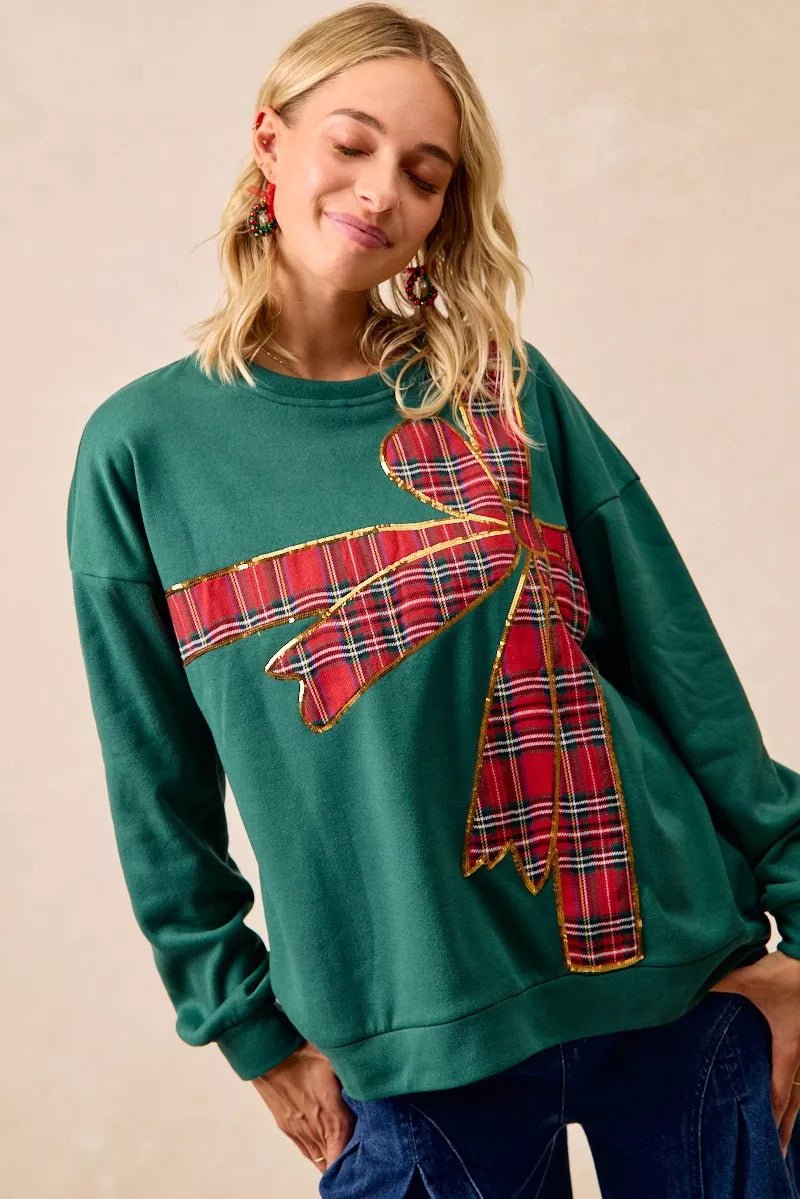 BiBi Plaid Ribbon Bow Detail Christmas Fleece Pullover - Bitsy Gypsy Boutique