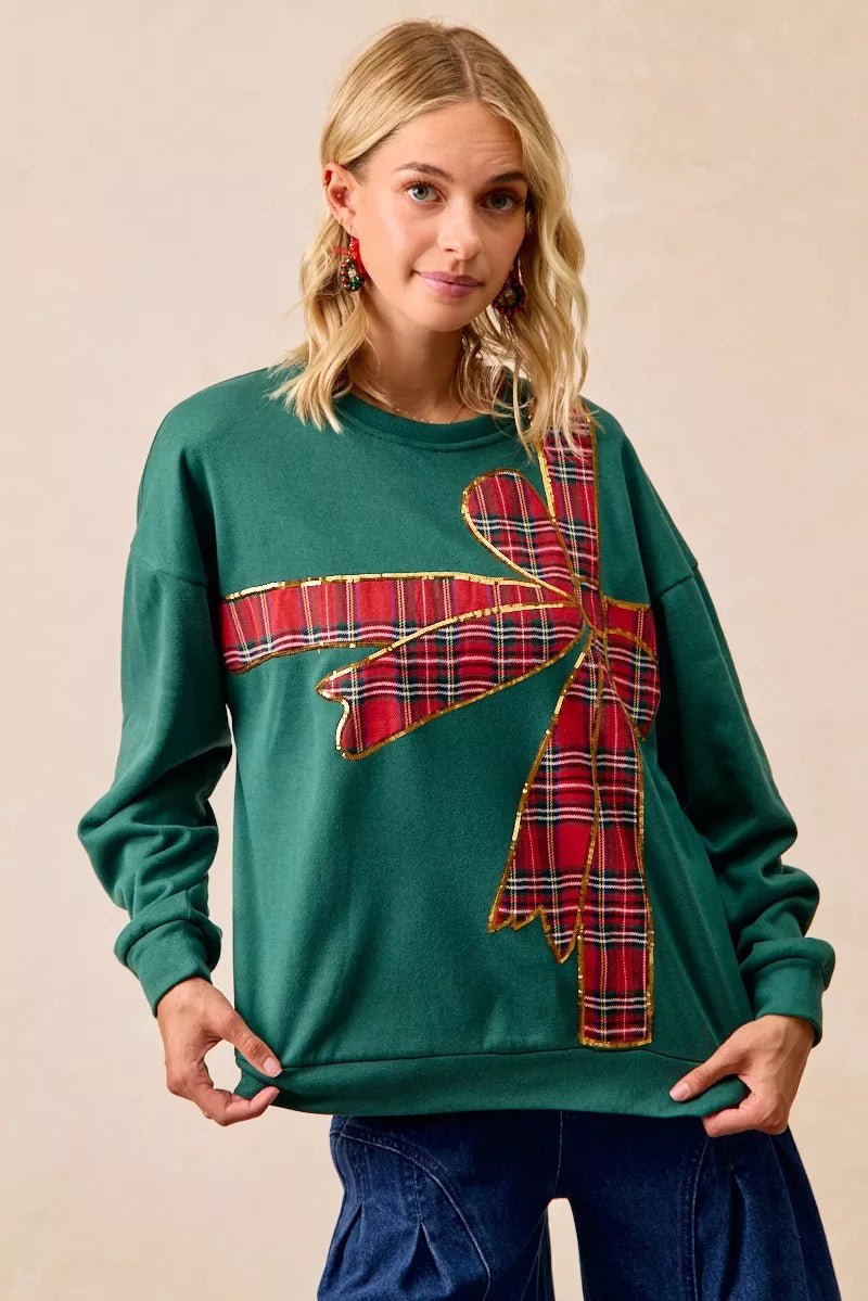 BiBi Plaid Ribbon Bow Detail Christmas Fleece Pullover - Bitsy Gypsy Boutique