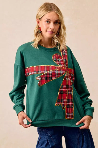 BiBi Plaid Ribbon Bow Detail Christmas Fleece Pullover - Bitsy Gypsy Boutique