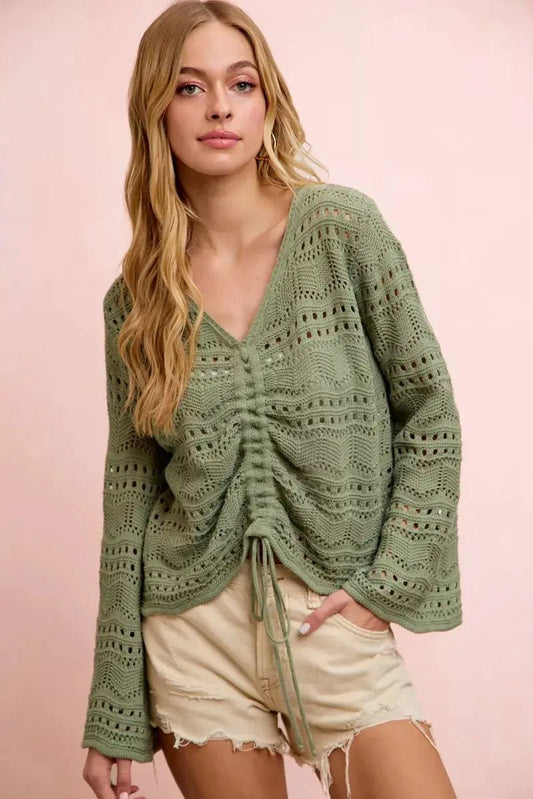 BiBi Pointelle Knit V Neck Ruched Front Lightweight Top - Bitsy Gypsy Boutique