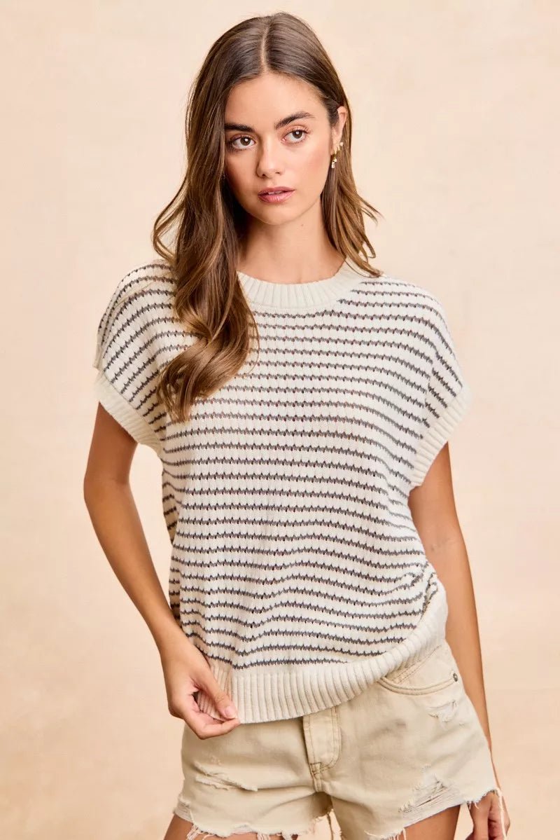 BiBi Pointelle Stripes Sleeveless Drop Shoulder Lightweight Sweater Top - Bitsy Gypsy Boutique