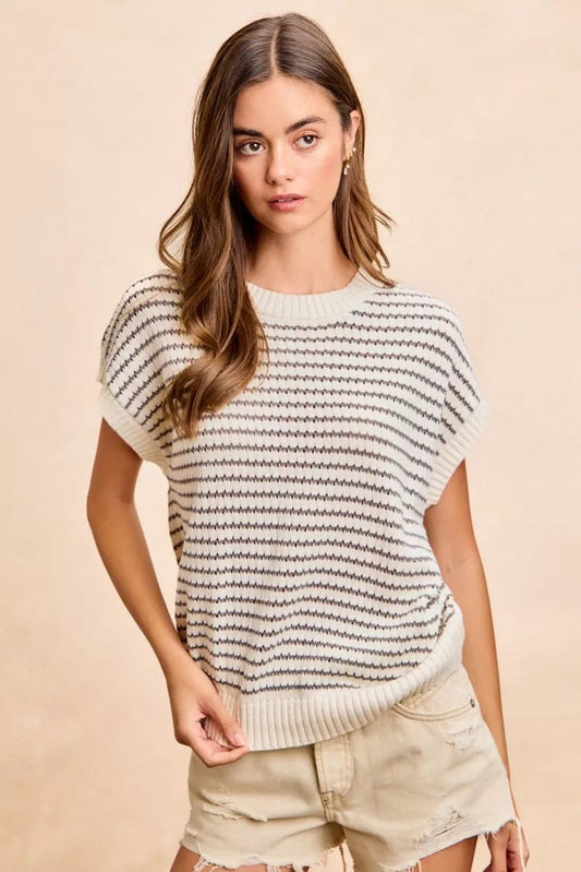 BiBi Pointelle Stripes Sleeveless Drop Shoulder Lightweight Sweater Top - Bitsy Gypsy Boutique