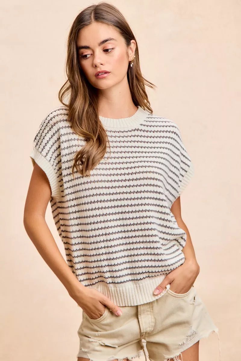 BiBi Pointelle Stripes Sleeveless Drop Shoulder Lightweight Sweater Top - Bitsy Gypsy Boutique