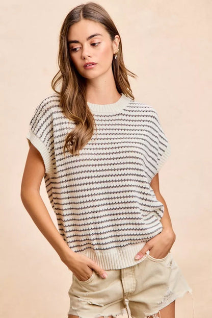 BiBi Pointelle Stripes Sleeveless Drop Shoulder Lightweight Sweater Top - Bitsy Gypsy Boutique