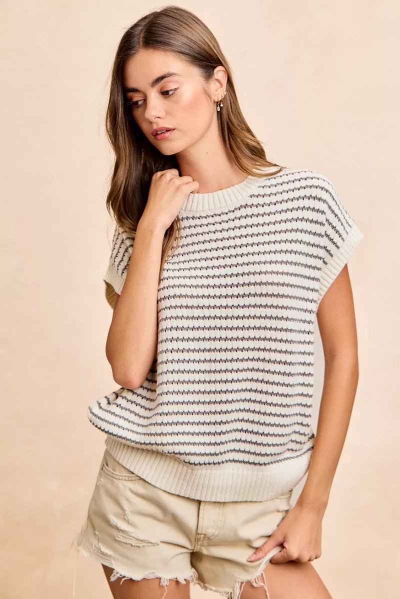 BiBi Pointelle Stripes Sleeveless Drop Shoulder Lightweight Sweater Top - Bitsy Gypsy Boutique