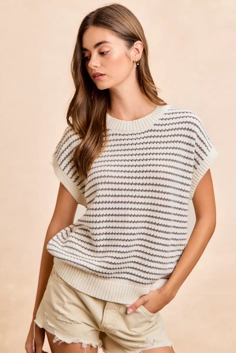 BiBi Pointelle Stripes Sleeveless Drop Shoulder Lightweight Sweater Top - Bitsy Gypsy Boutique