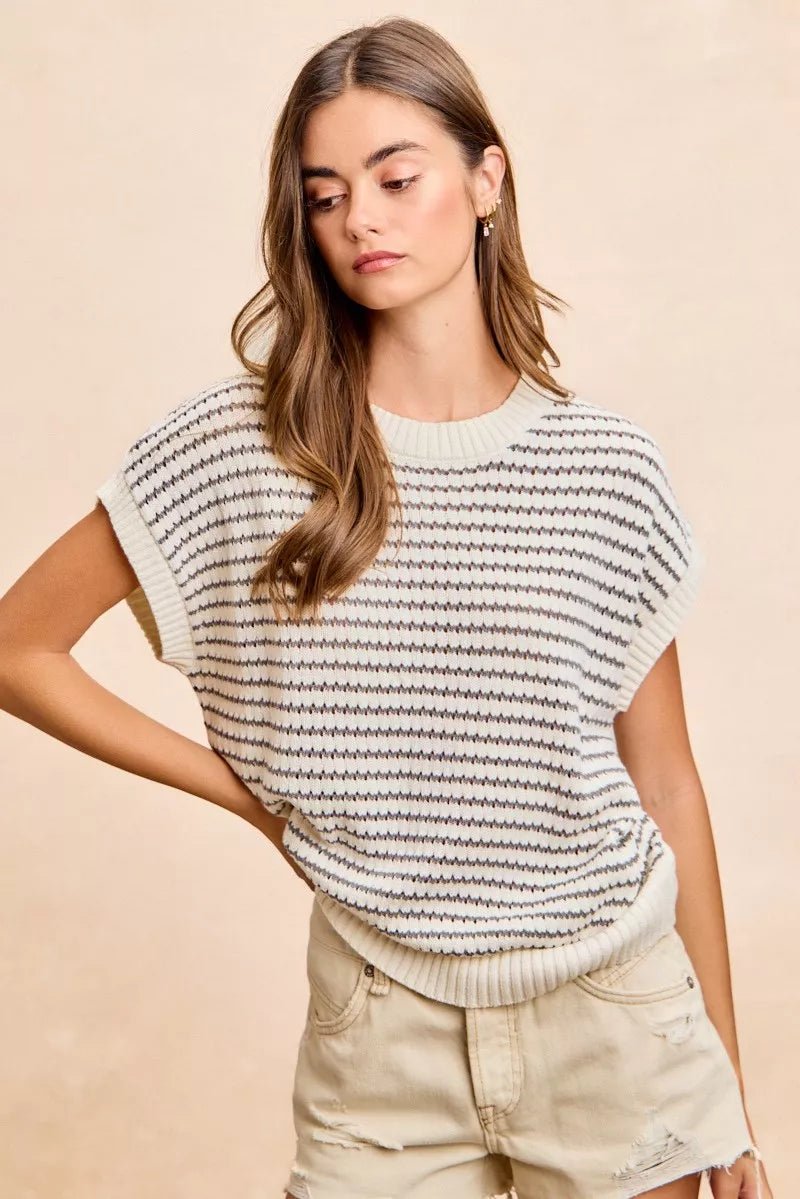 BiBi Pointelle Stripes Sleeveless Drop Shoulder Lightweight Sweater Top - Bitsy Gypsy Boutique
