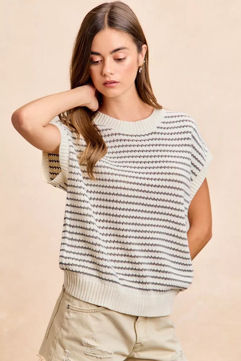 BiBi Pointelle Stripes Sleeveless Drop Shoulder Lightweight Sweater Top - Bitsy Gypsy Boutique