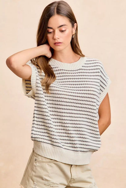 BiBi Pointelle Stripes Sleeveless Drop Shoulder Lightweight Sweater Top - Bitsy Gypsy Boutique