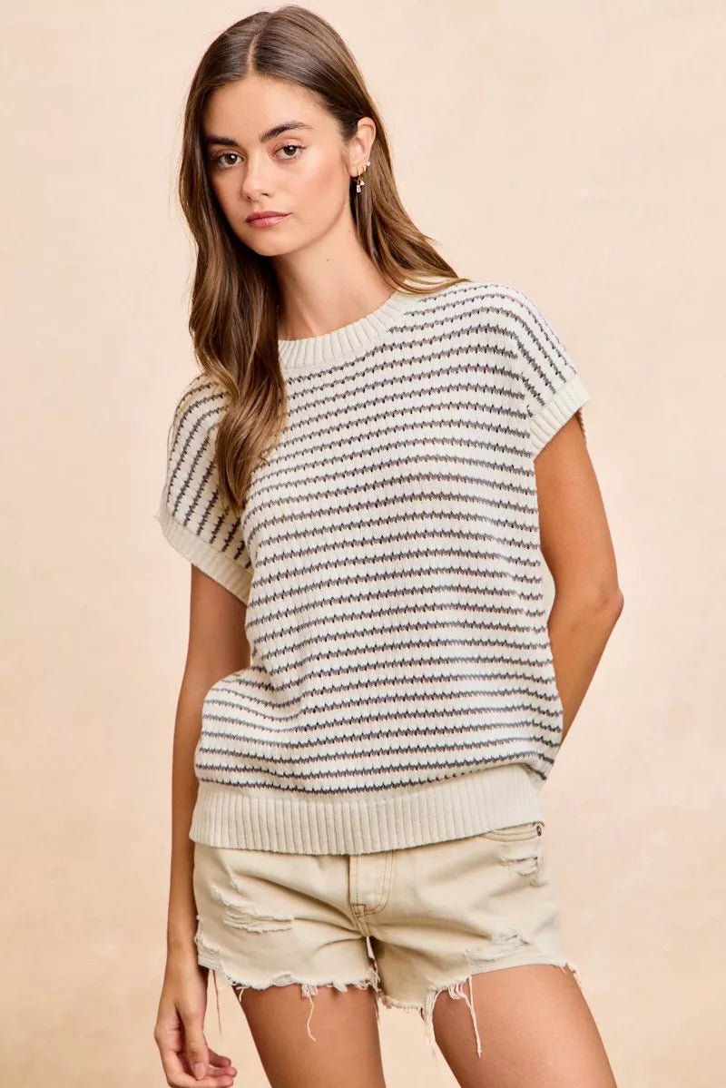 BiBi Pointelle Stripes Sleeveless Drop Shoulder Lightweight Sweater Top - Bitsy Gypsy Boutique