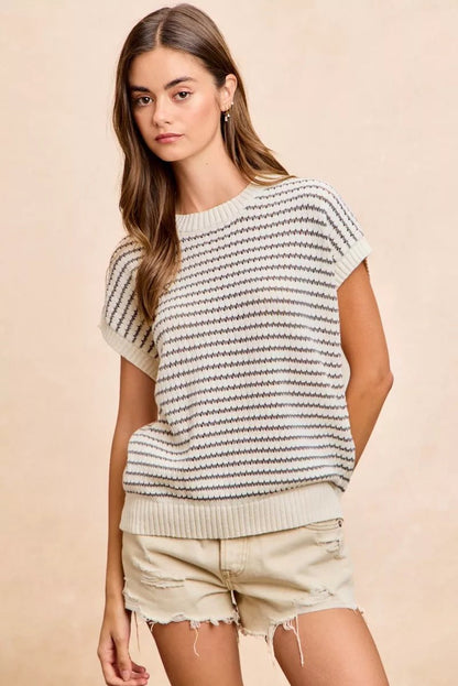 BiBi Pointelle Stripes Sleeveless Drop Shoulder Lightweight Sweater Top - Bitsy Gypsy Boutique
