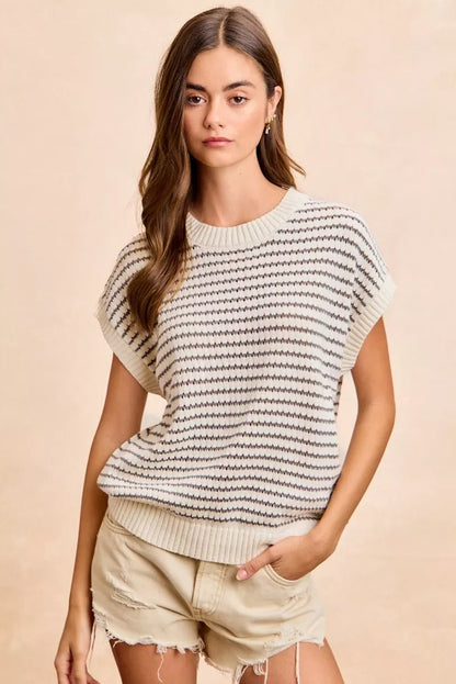 BiBi Pointelle Stripes Sleeveless Drop Shoulder Lightweight Sweater Top - Bitsy Gypsy Boutique