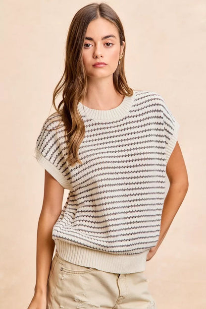 BiBi Pointelle Stripes Sleeveless Drop Shoulder Lightweight Sweater Top - Bitsy Gypsy Boutique