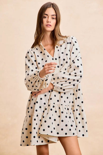 BiBi Polka Dot Corduroy Collared V Neck Dress - Bitsy Gypsy Boutique