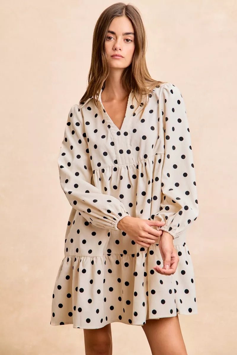 BiBi Polka Dot Corduroy Collared V Neck Dress - Bitsy Gypsy Boutique