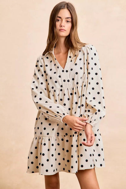 BiBi Polka Dot Corduroy Collared V Neck Dress - Bitsy Gypsy Boutique