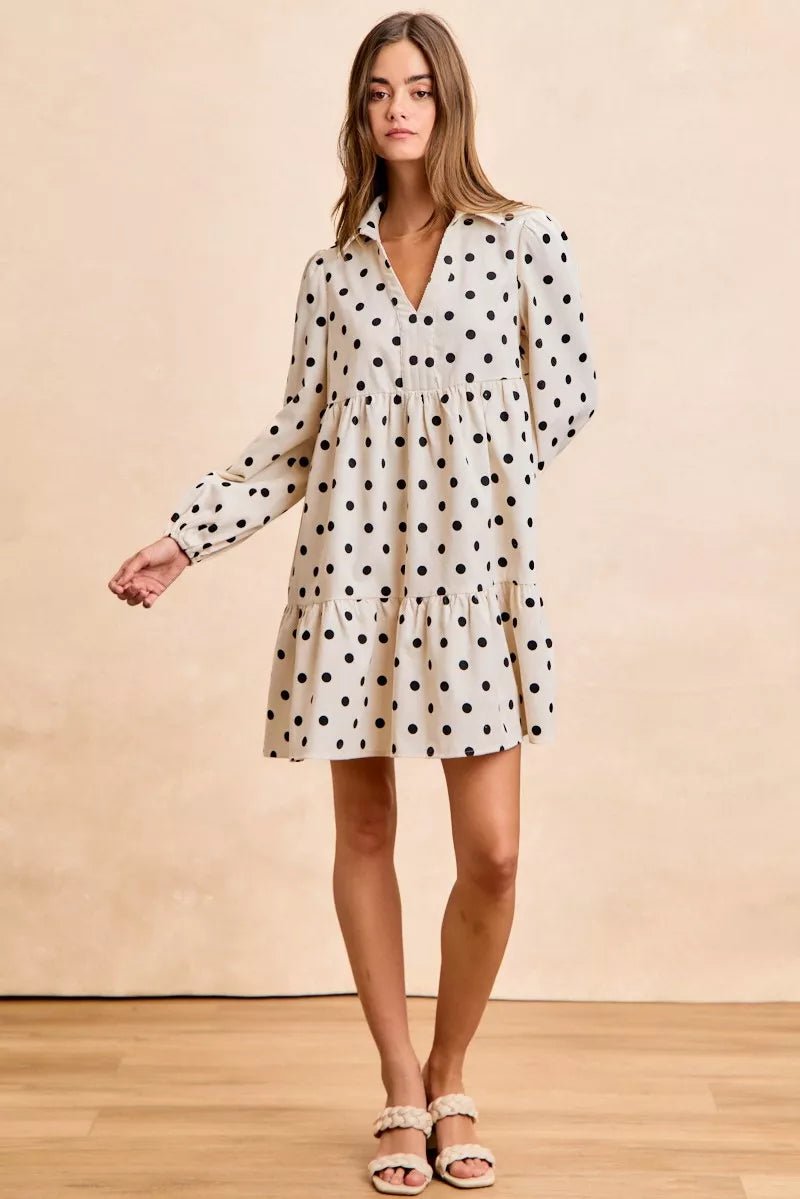 BiBi Polka Dot Corduroy Collared V Neck Dress - Bitsy Gypsy Boutique