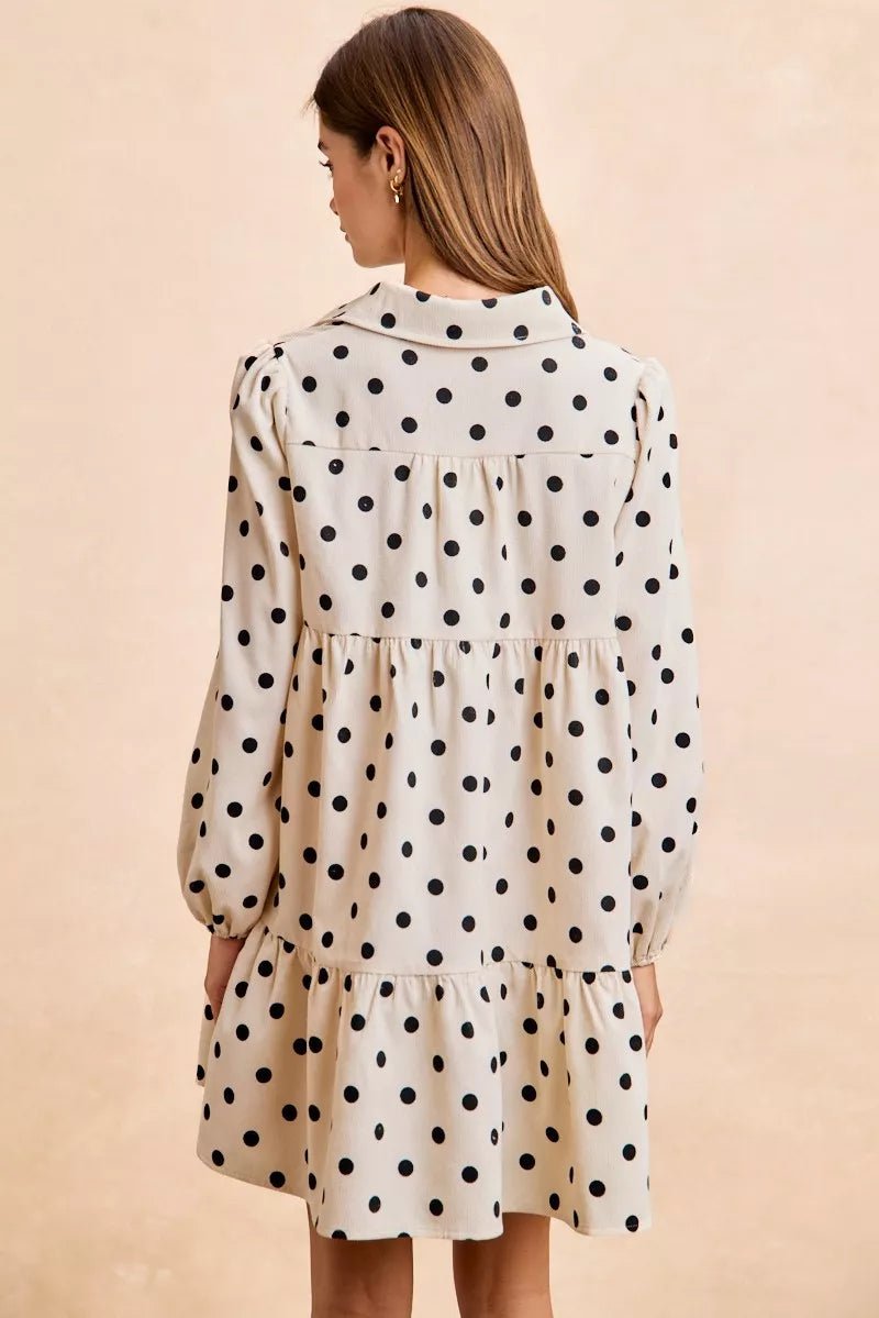 BiBi Polka Dot Corduroy Collared V Neck Dress - Bitsy Gypsy Boutique