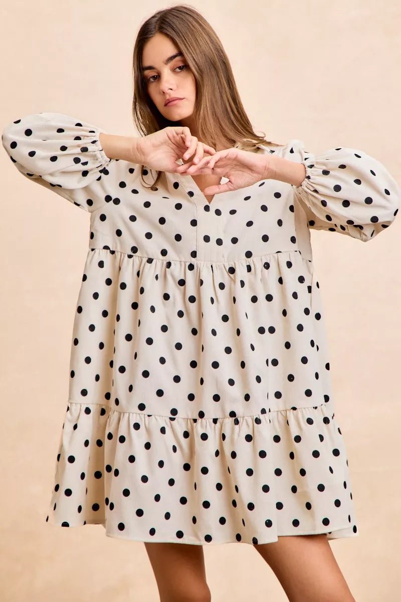 BiBi Polka Dot Corduroy Collared V Neck Dress - Bitsy Gypsy Boutique
