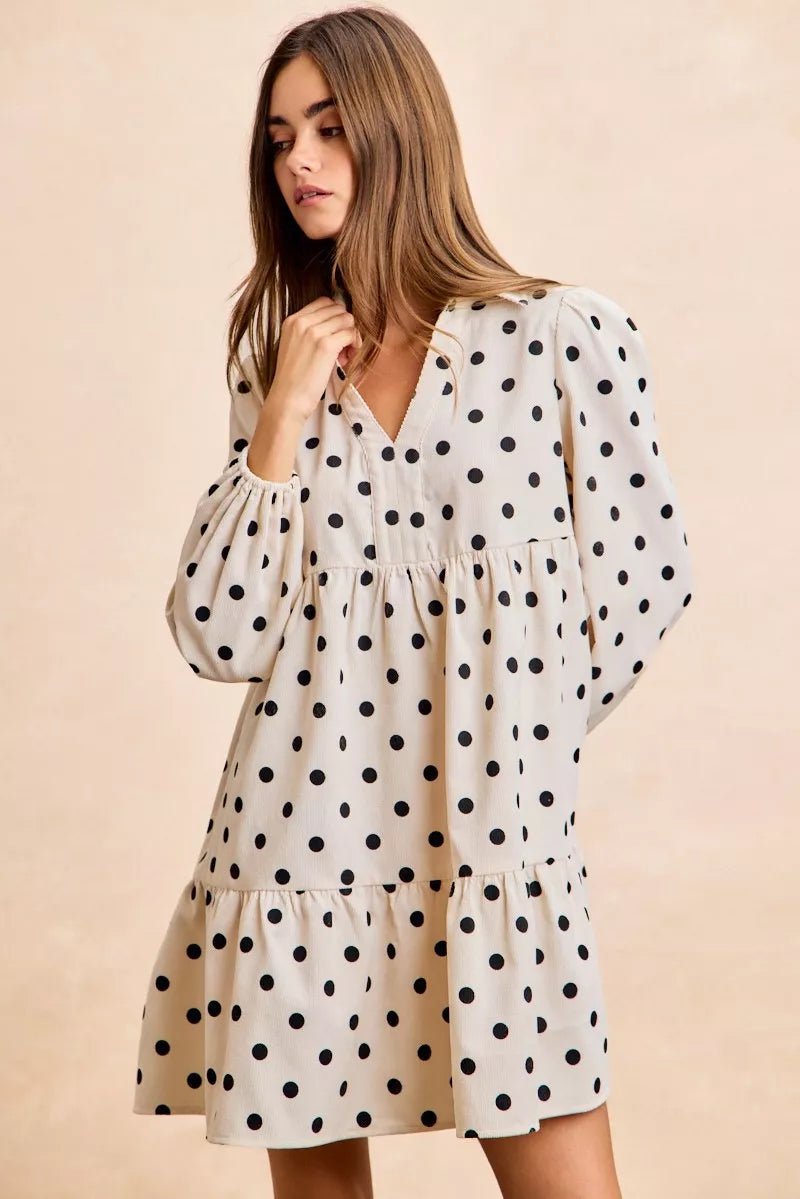 BiBi Polka Dot Corduroy Collared V Neck Dress - Bitsy Gypsy Boutique