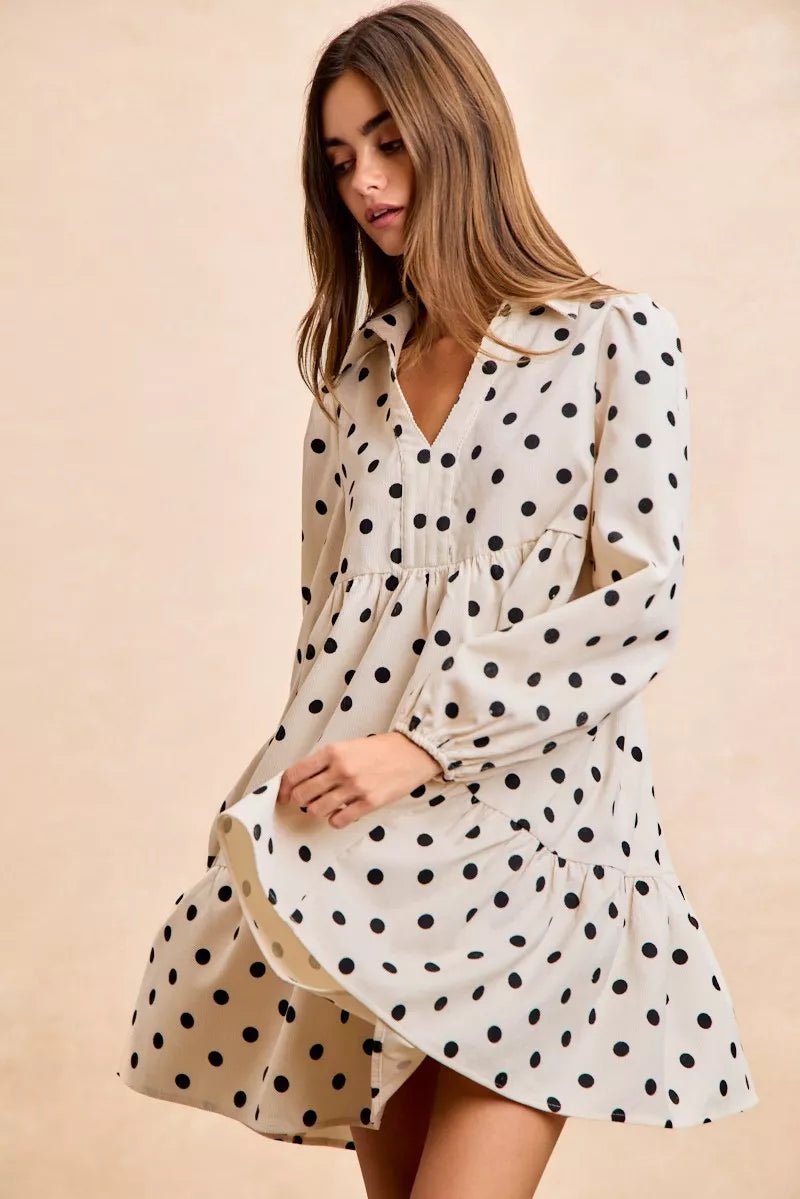 BiBi Polka Dot Corduroy Collared V Neck Dress - Bitsy Gypsy Boutique