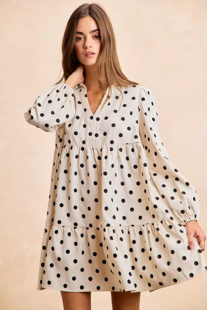 BiBi Polka Dot Corduroy Collared V Neck Dress - Bitsy Gypsy Boutique