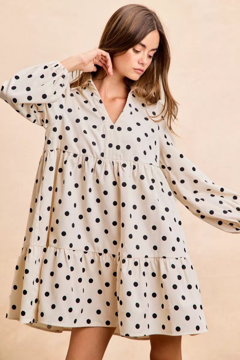 BiBi Polka Dot Corduroy Collared V Neck Dress - Bitsy Gypsy Boutique
