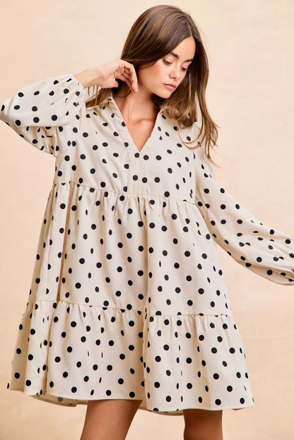 BiBi Polka Dot Corduroy Collared V Neck Dress - Bitsy Gypsy Boutique