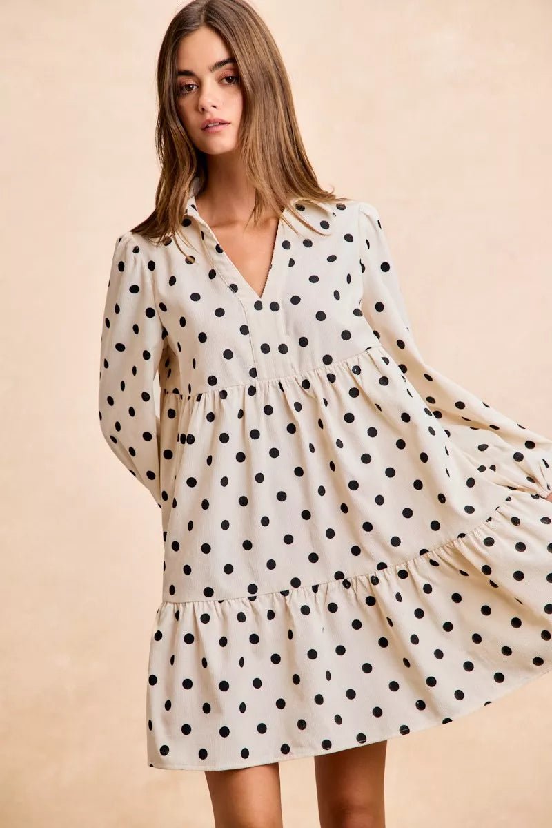 BiBi Polka Dot Corduroy Collared V Neck Dress - Bitsy Gypsy Boutique