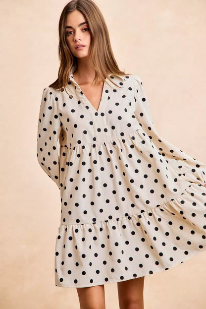 BiBi Polka Dot Corduroy Collared V Neck Dress - Bitsy Gypsy Boutique